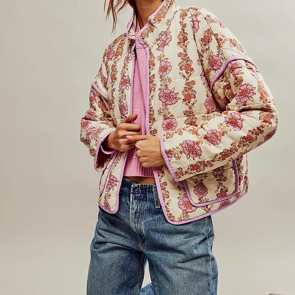 Free People Cream Floral Quilted Puffer Jacket with Pink Trim